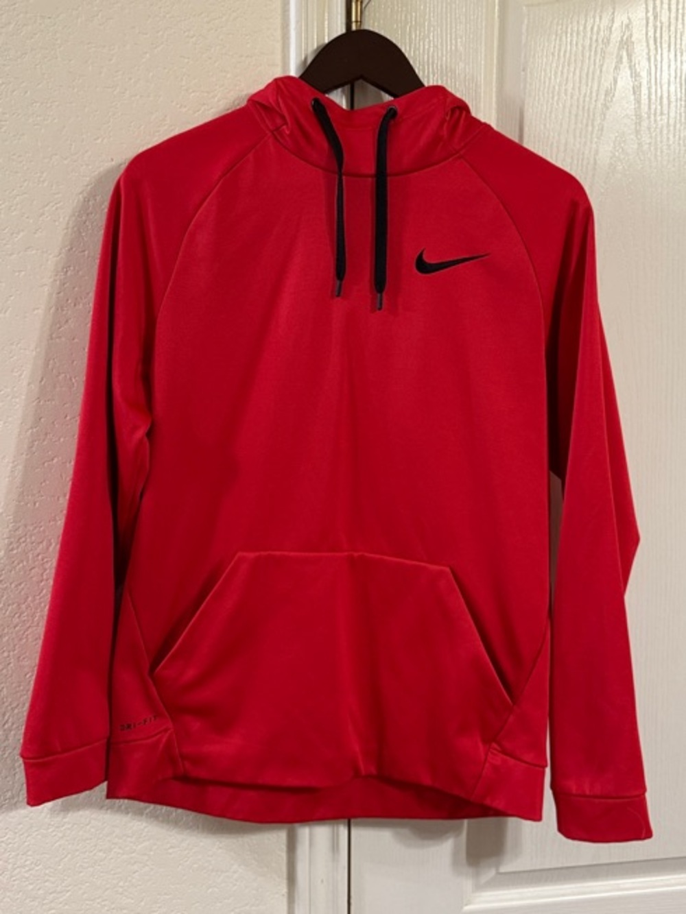 Nike Red Hoodie with Black Swoosh and Drawcords Men’s Size Medium